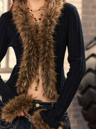 BEERBRO Faux Fur Trim Ribbed Cardigan in Black - On Female Model
