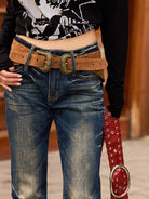 BEERBRO Studded Rhinestone Micro Flare Jeans in Navy - On Female Model