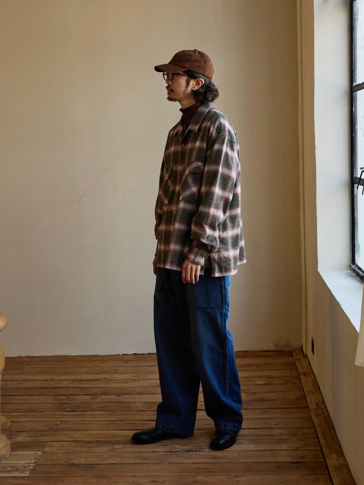 USAGE Brushed Plaid Western Shirt in Olive - On Male Model