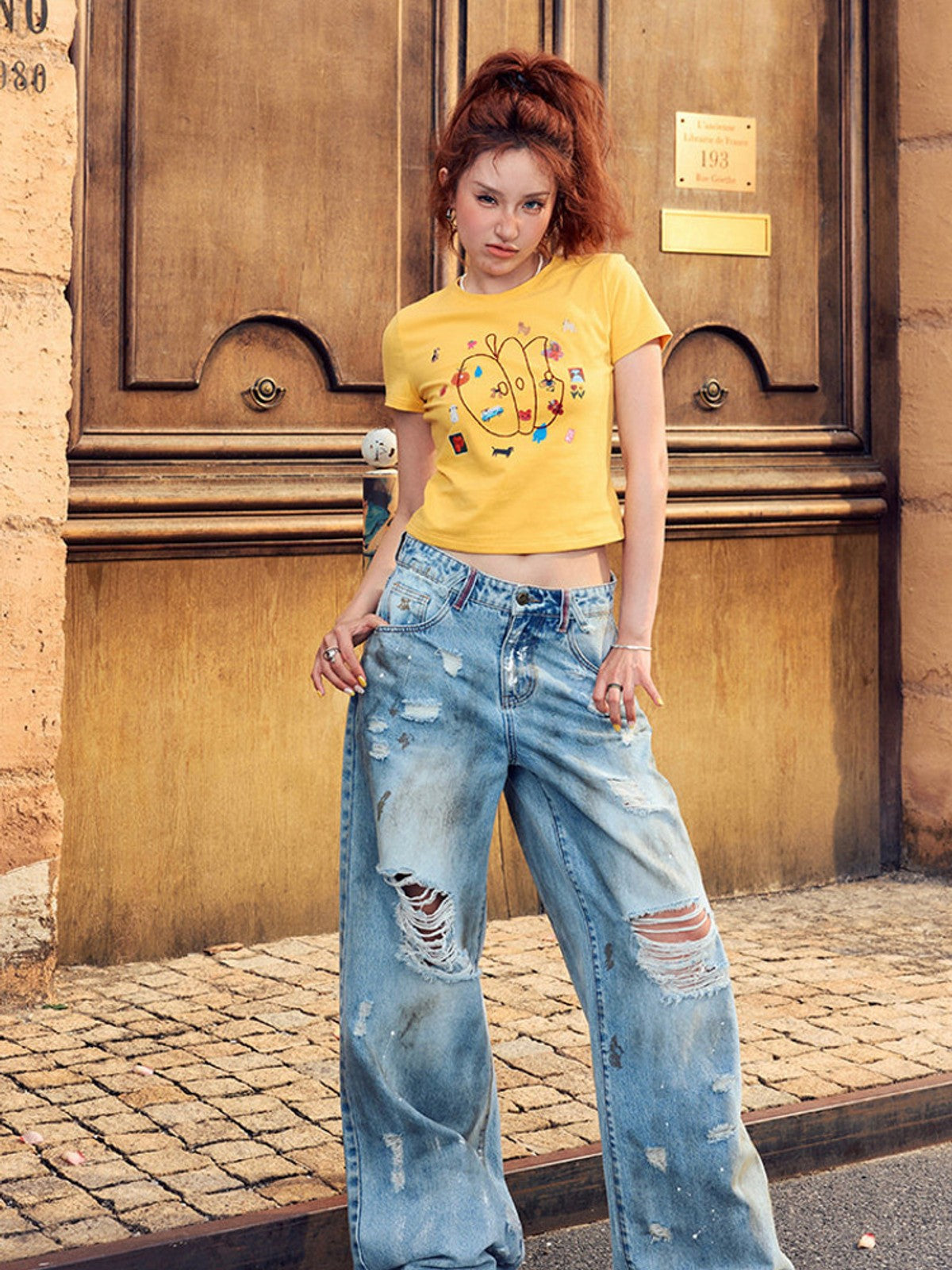 BEERBRO Embroidered Apple Crop Tee in Yellow - On Female Model