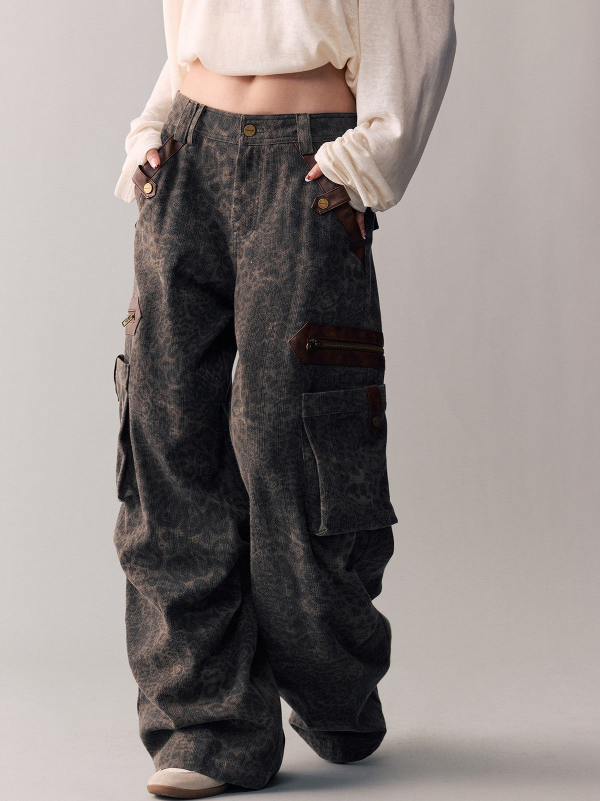 BEERBRO Leopard Print Spliced Cargo Pants in Brown - On Female Model