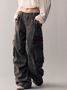 BEERBRO Leopard Print Spliced Cargo Pants in Brown - On Female Model