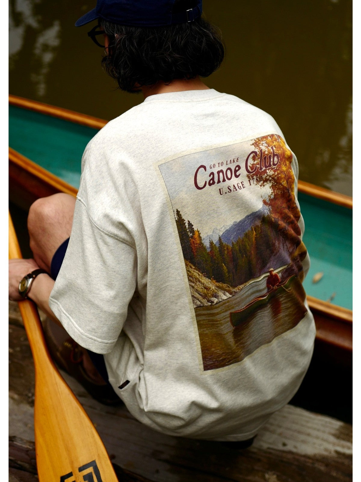 USAGE Canoe Club Graphic Cotton T Shirt in Beige - On Model