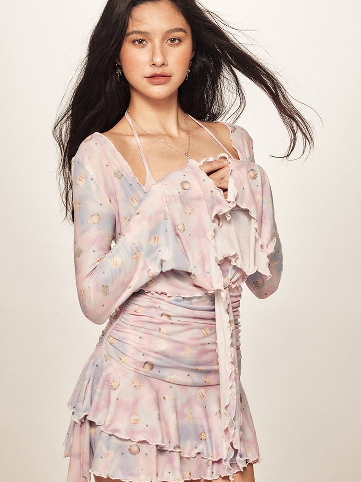 BEERBRO Shell Print Mesh Tie Front Top in Pink - On Female Model