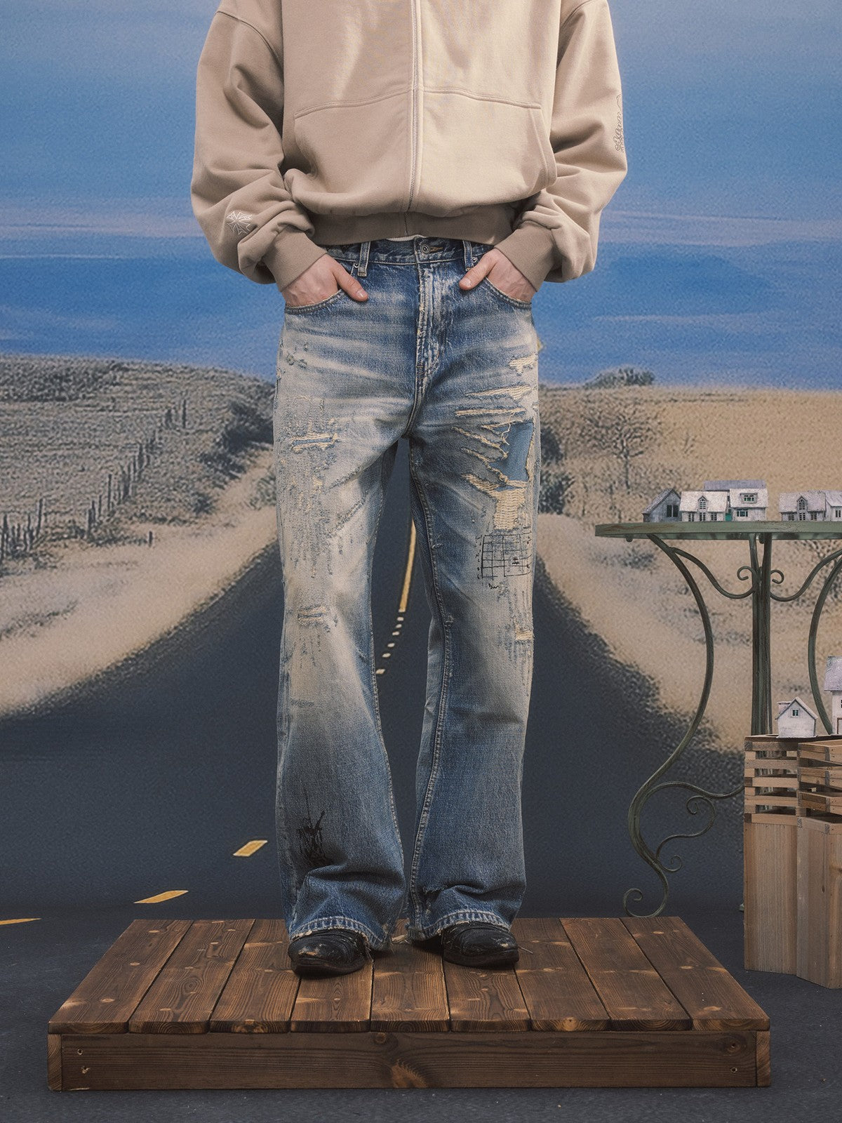 SOD Distressed Graffiti Embroidered Jeans in Blue - On Model
