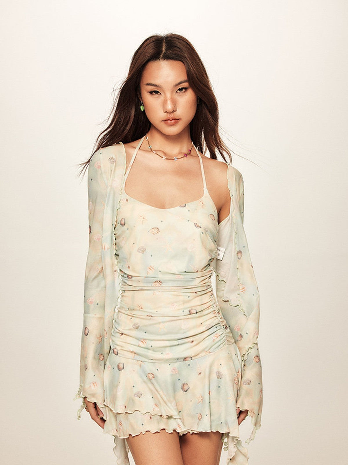 BEERBRO Shell Print Mesh Tie Front Top in Mint - On Female Model