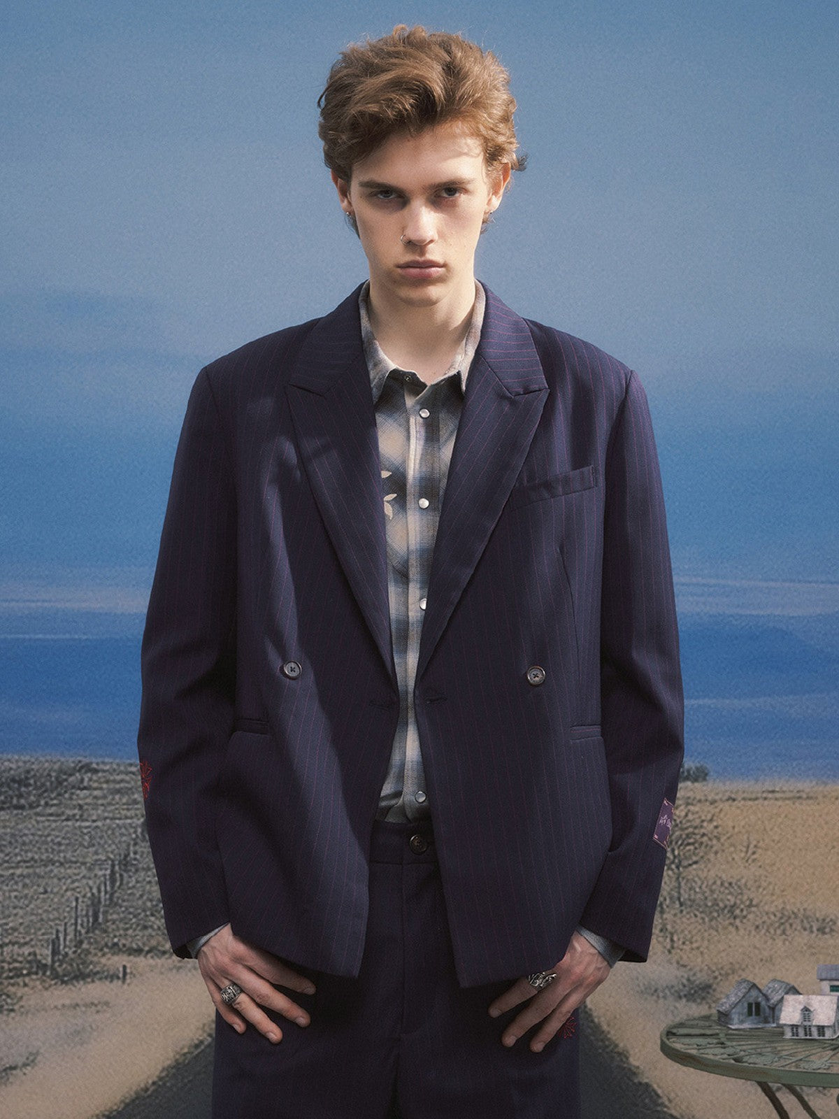 SOD Striped Double Breasted Wool Blend Blazer in Navy Blue - On Male Model