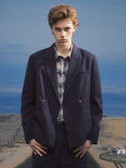 SOD Striped Double Breasted Wool Blend Blazer in Navy Blue - On Male Model