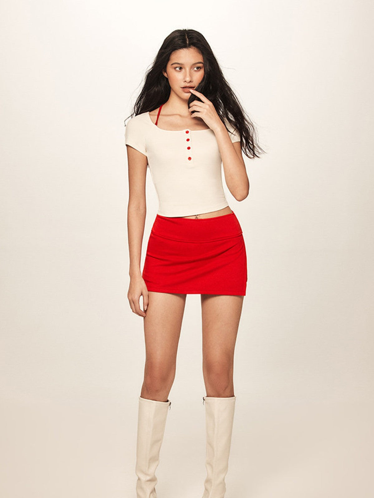 BEERBRO Faux Layered Knit Henley Crop Top in Red - On Female Model