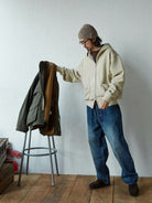 USAGE Hand Distressed Washed Zip Hoodie in Beige - On Male Model