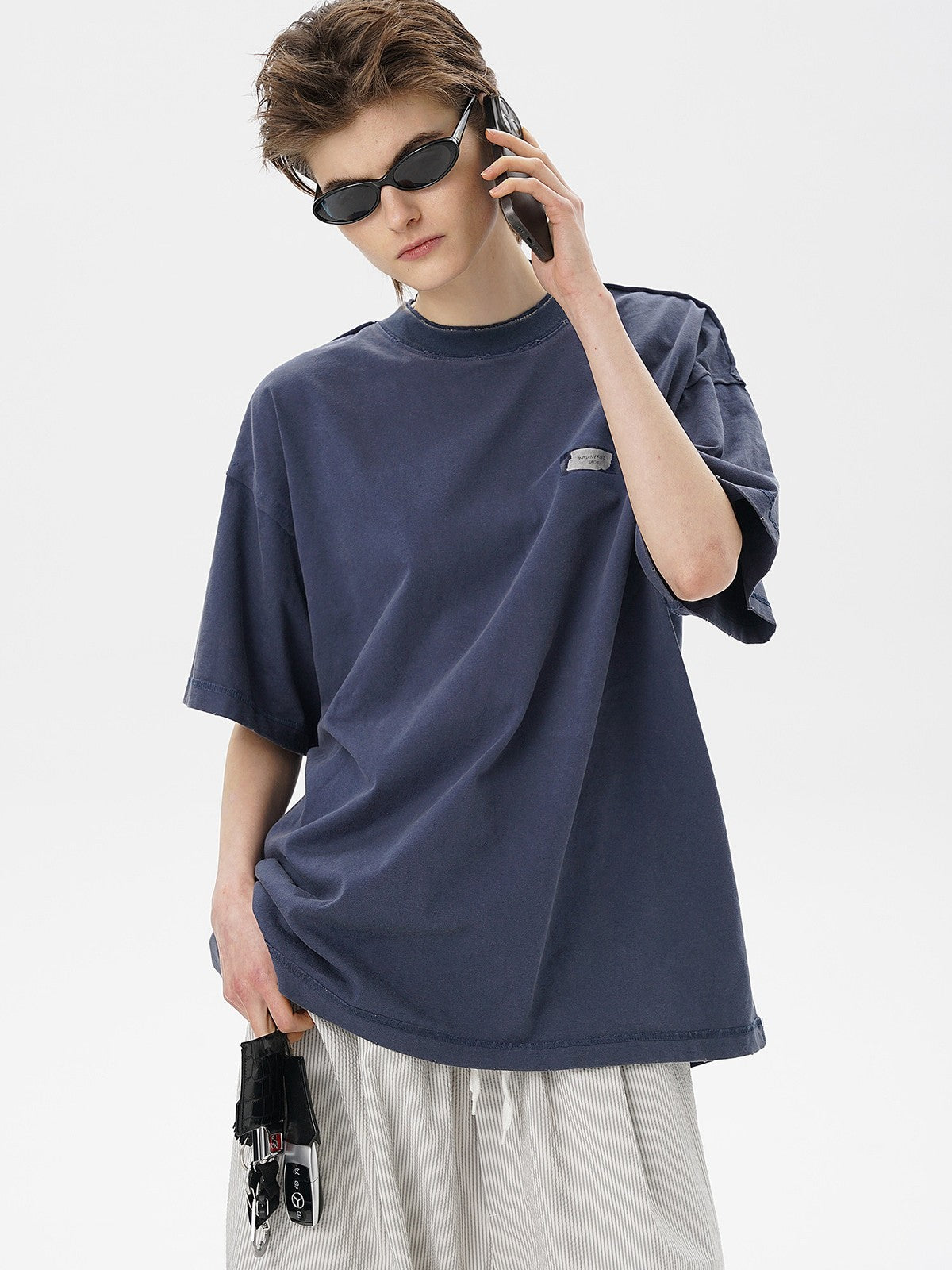 MASONPRINCE Exposed Seam Tape Print T Shirt in Navy Blue - On Model