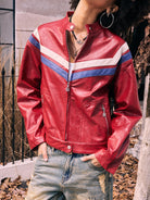 BEERBRO Contrast Stripe Leather Jacket in Red - On Female Model