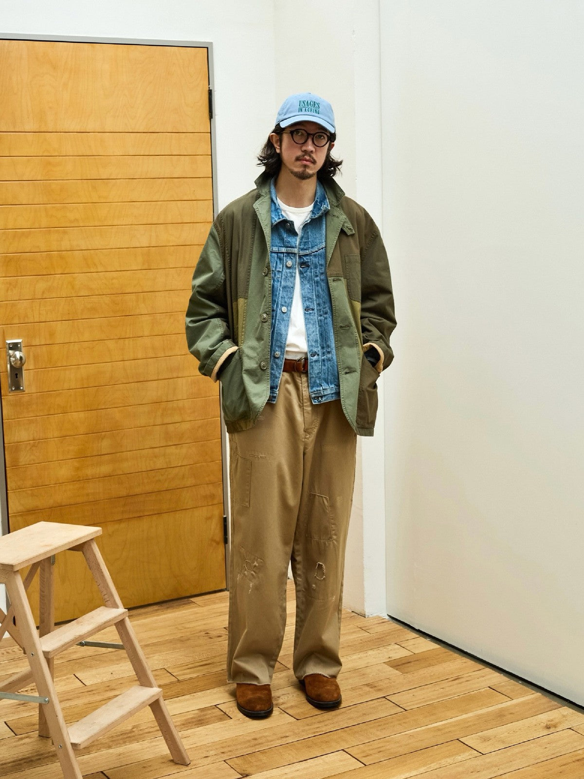 USAGE Cotton Ripstop Patchwork Blazer in Green - On Male Model