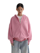 MASONPRINCE Cotton Blend Zip Up Hoodie in Pink - On Female Model