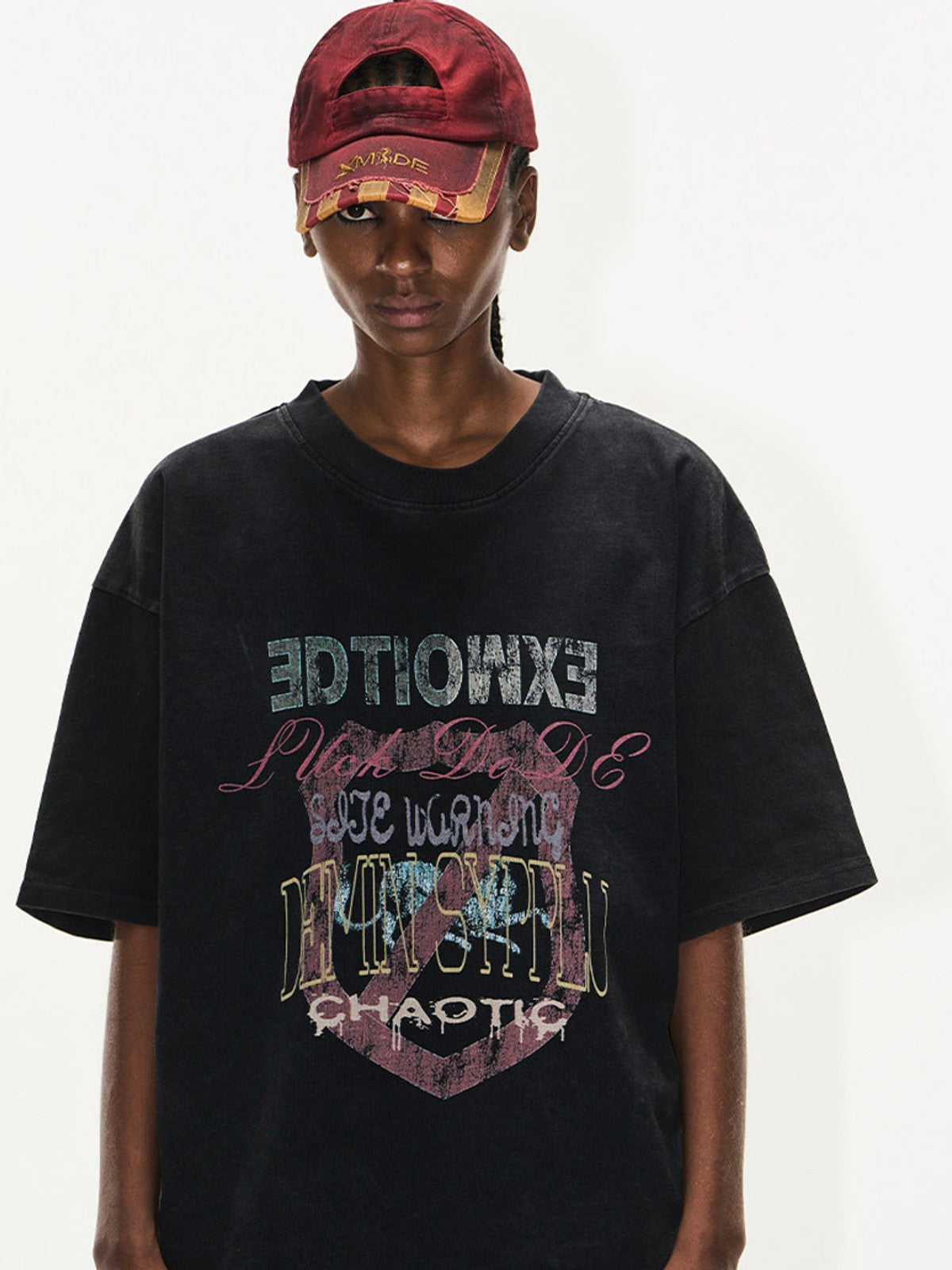 BLINDNOPLAN Distressed Overlapping Graphic T Shirt in Black - On Model