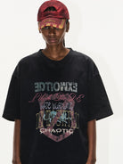 BLINDNOPLAN Distressed Overlapping Graphic T Shirt in Black - On Model