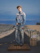 SOD Distressed Ink Splatter Denim Shirt in Blue - On Male Model