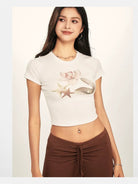 BeerBro Realistic Shell Print Baby Tee in White - On Female Model