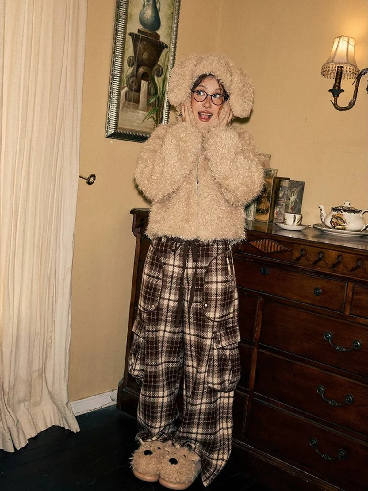 BeerBro Plaid Tweed Wide Leg Cargo Pants in Brown - On Female Model