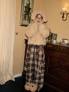 BeerBro Plaid Tweed Wide Leg Cargo Pants in Brown - On Female Model