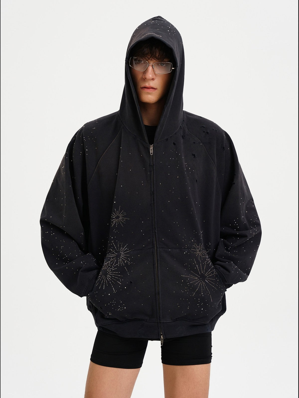 MASONPRINCE Fireworks Cotton Zip Up Hoodie in Black - On Male Model