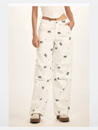 BeerBro Bow Polka Dot Cargo Pants in White - On Female Model