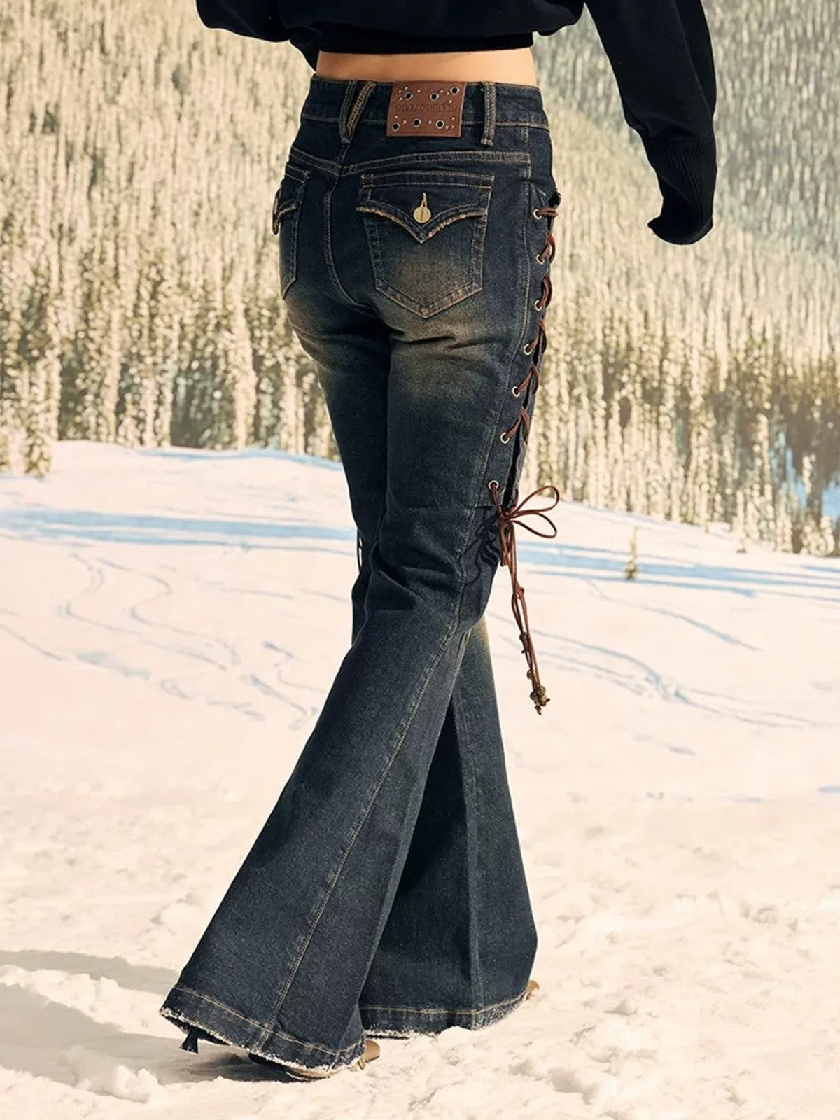 BeerBro Side Lace Up Low Rise Flare Jeans in Blue - On Model