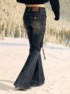 BeerBro Side Lace Up Low Rise Flare Jeans in Blue - On Model