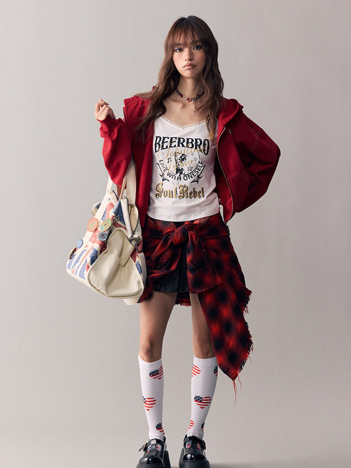 BEERBRO Studded Cross Zip Up Hoodie in Red - On Female Model