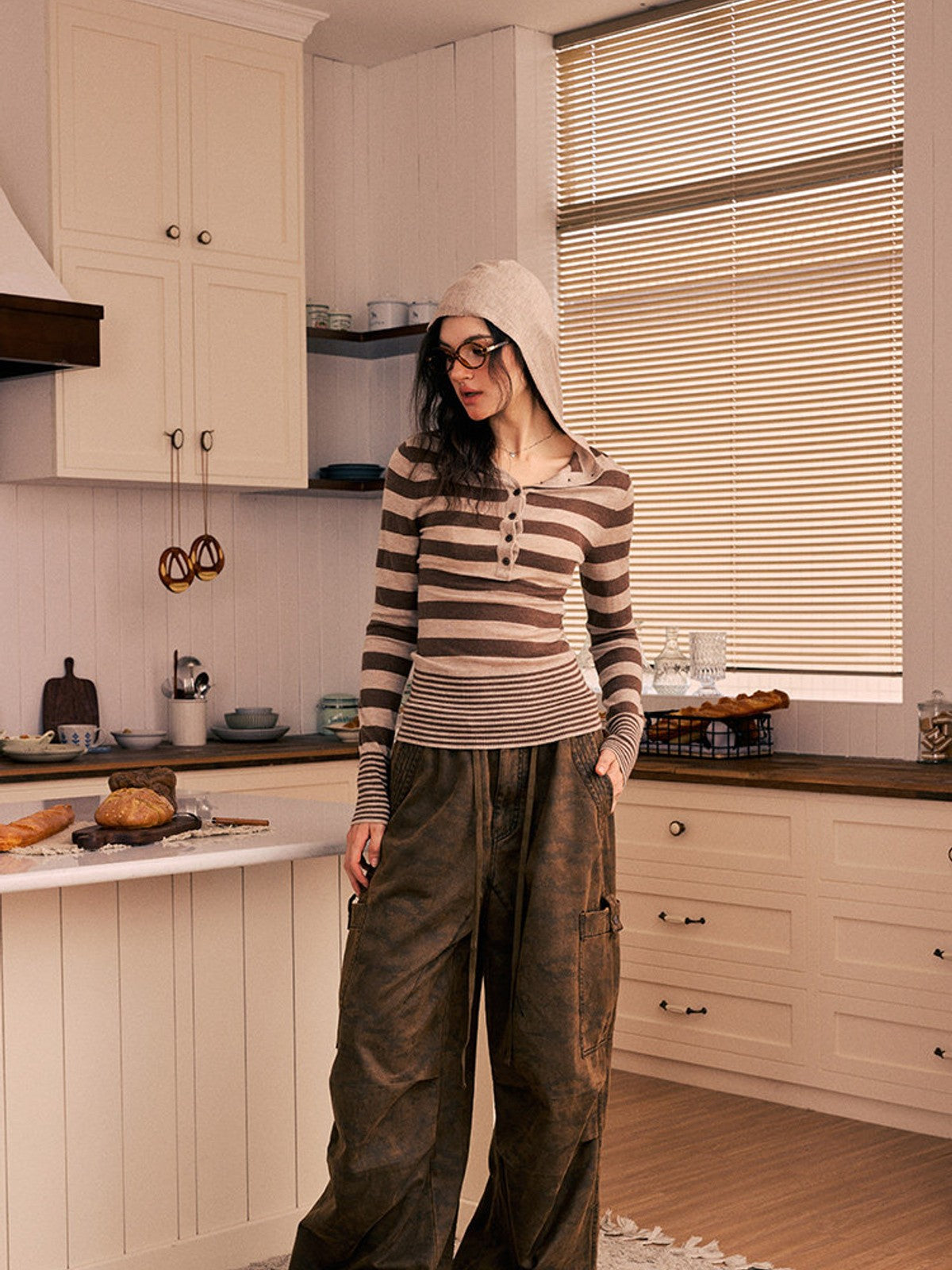 BEERBRO Washed Camo Parachute Cargo Pants in Brown - On Female Model