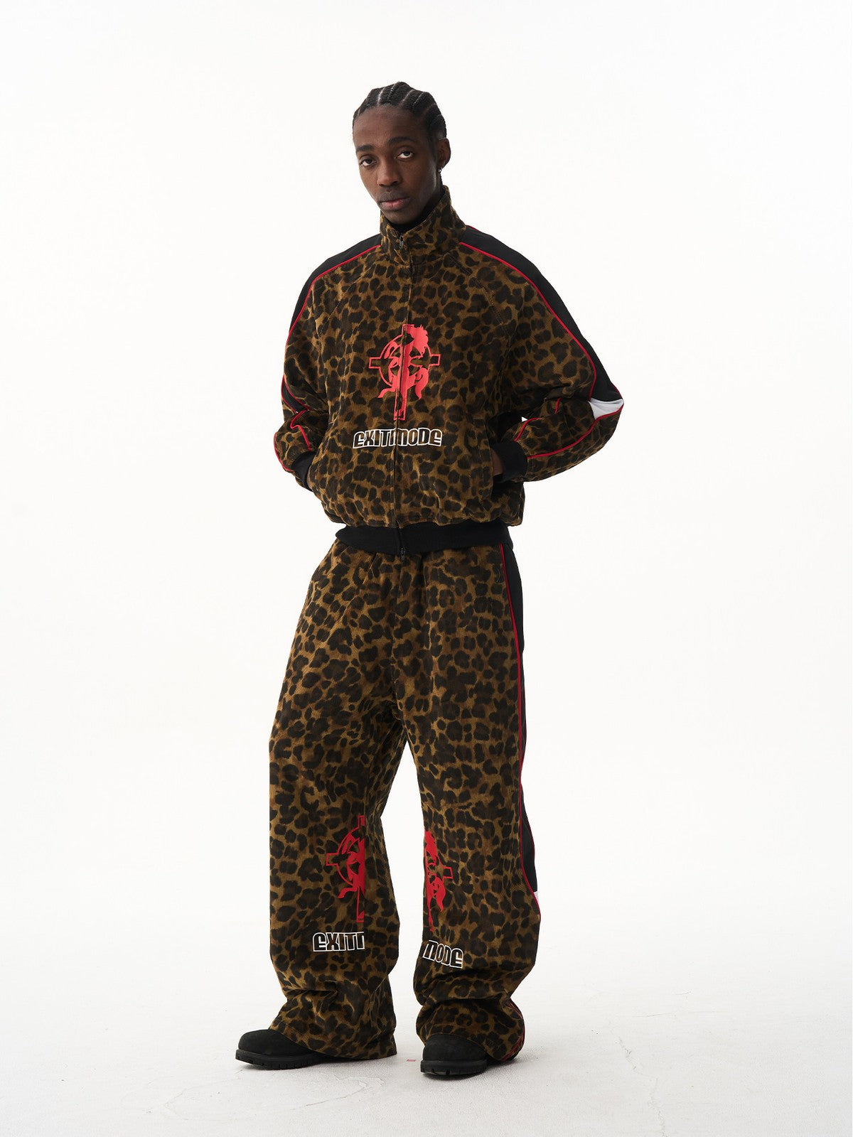 BLINDNOPLAN Leopard Print Zip Up Jacket in Brown - On Male Model