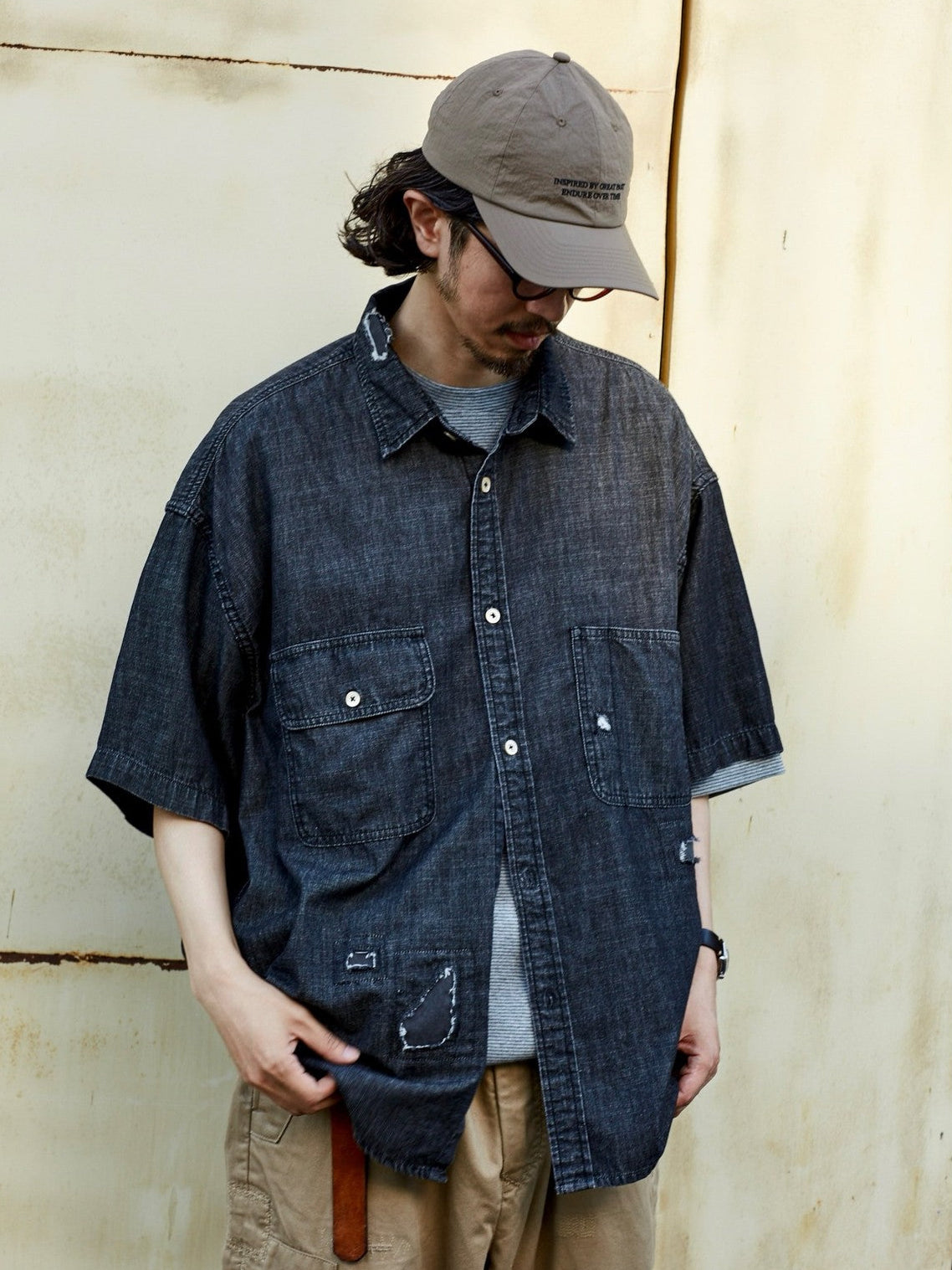 USAGE Distressed Short Sleeve Denim Shirt in Gray - On Male Model
