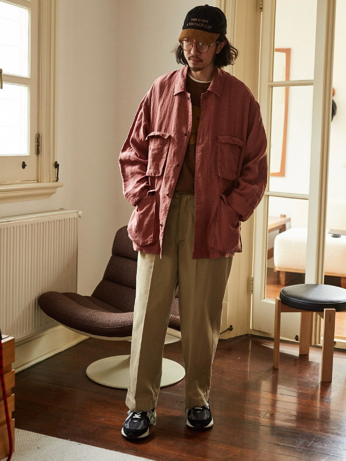 USAGE Linen Four Pocket BDU Jacket in Pink - On Male Model
