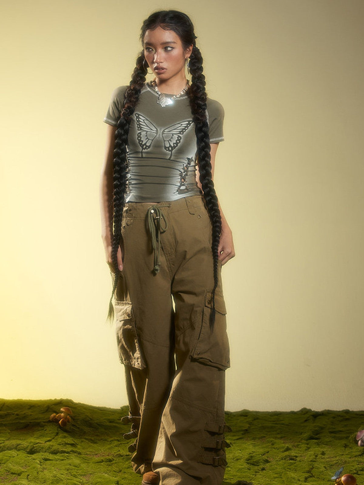 BEERBRO Washed Buckle Strap Cargo Pants in Olive - On Female Model