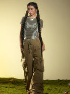 BEERBRO Washed Buckle Strap Cargo Pants in Olive - On Female Model