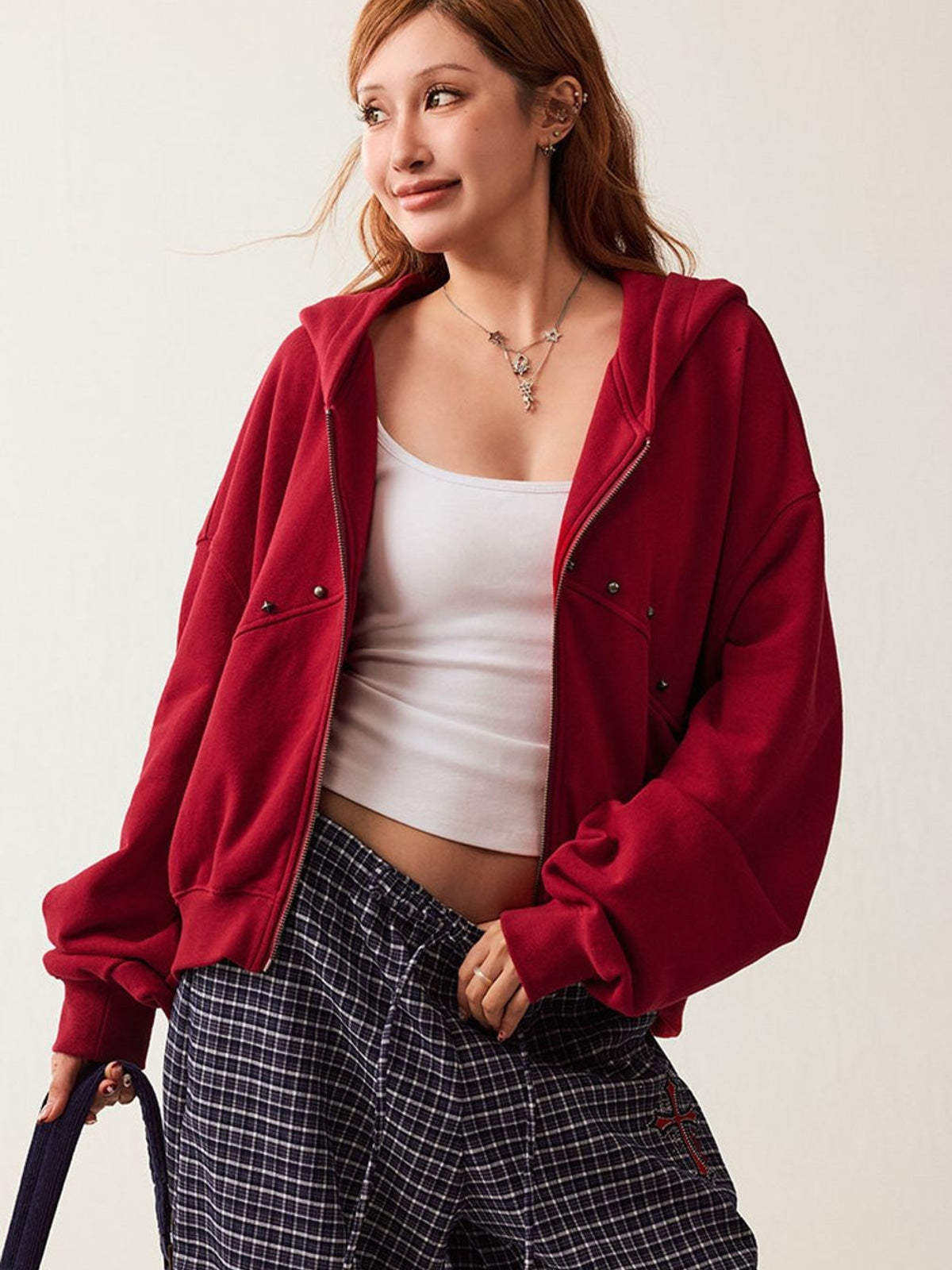 BeerBro Studded Zip Up Cropped Hoodie in Red - On Female Model