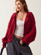 BeerBro Studded Zip Up Cropped Hoodie in Red - On Female Model