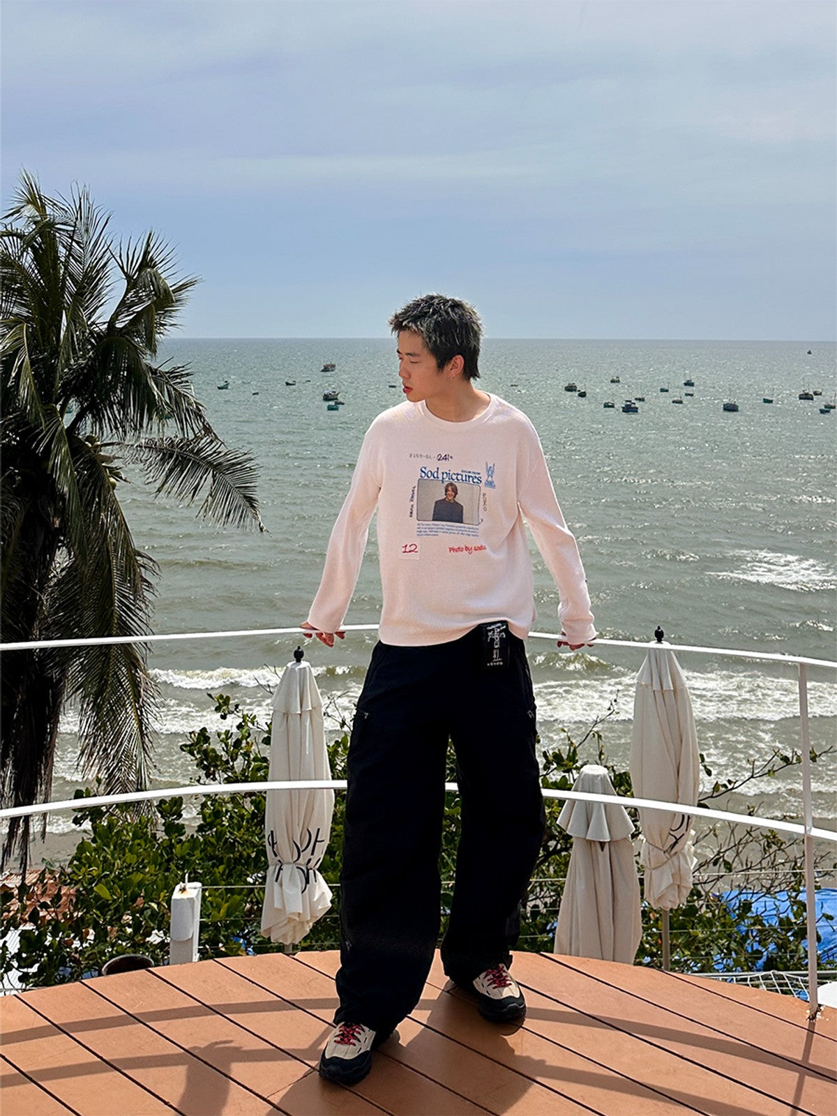 SOD Keanu Graphic Waffle Knit Top in White - On Male Model