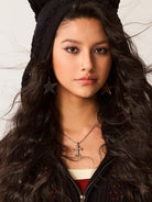 BEERBRO Devil Horn Open Knit Cardigan in Black - On Female Model