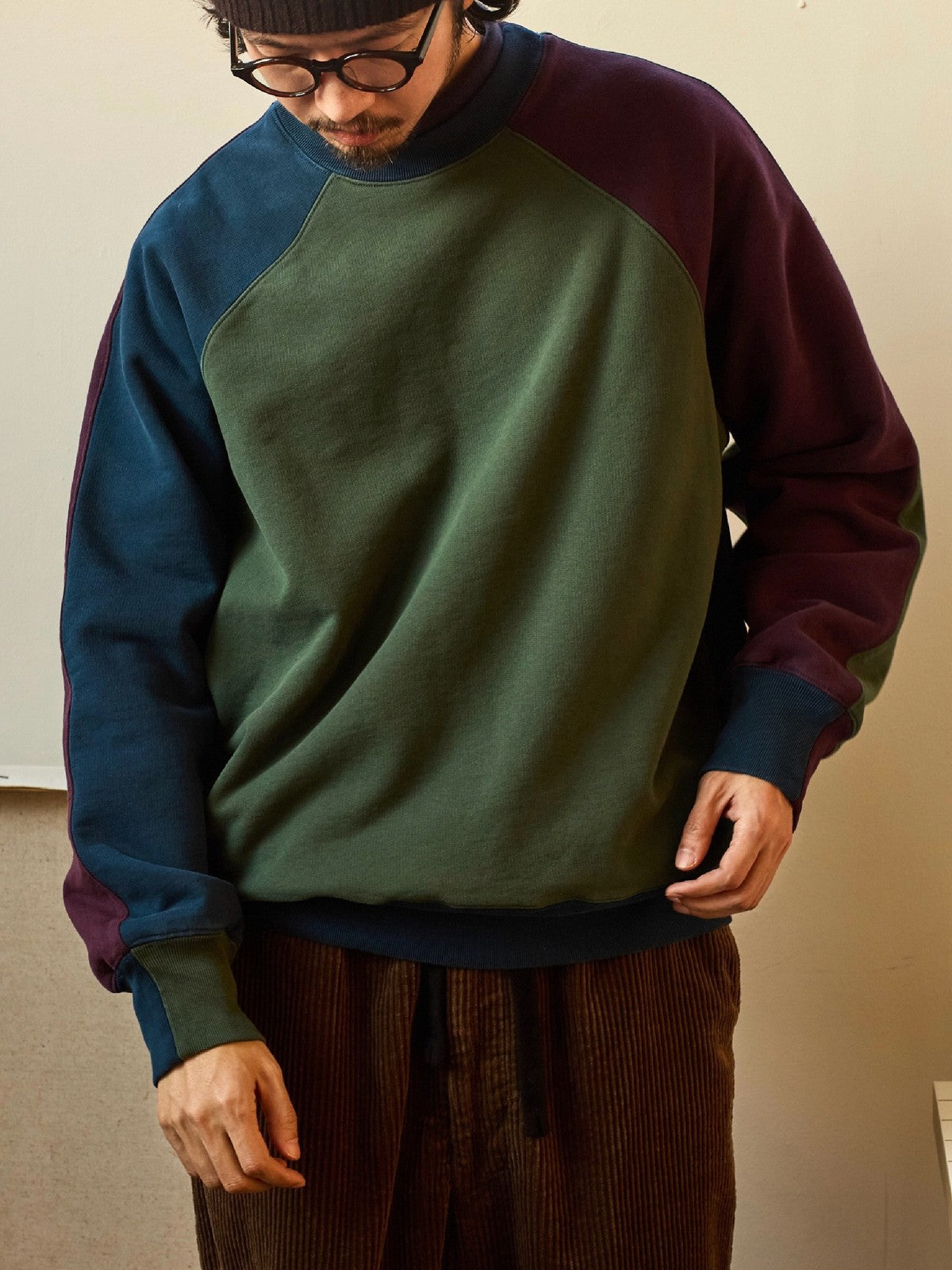 USAGE Colorblock Raglan Cotton Sweatshirt in Green - On Male Model