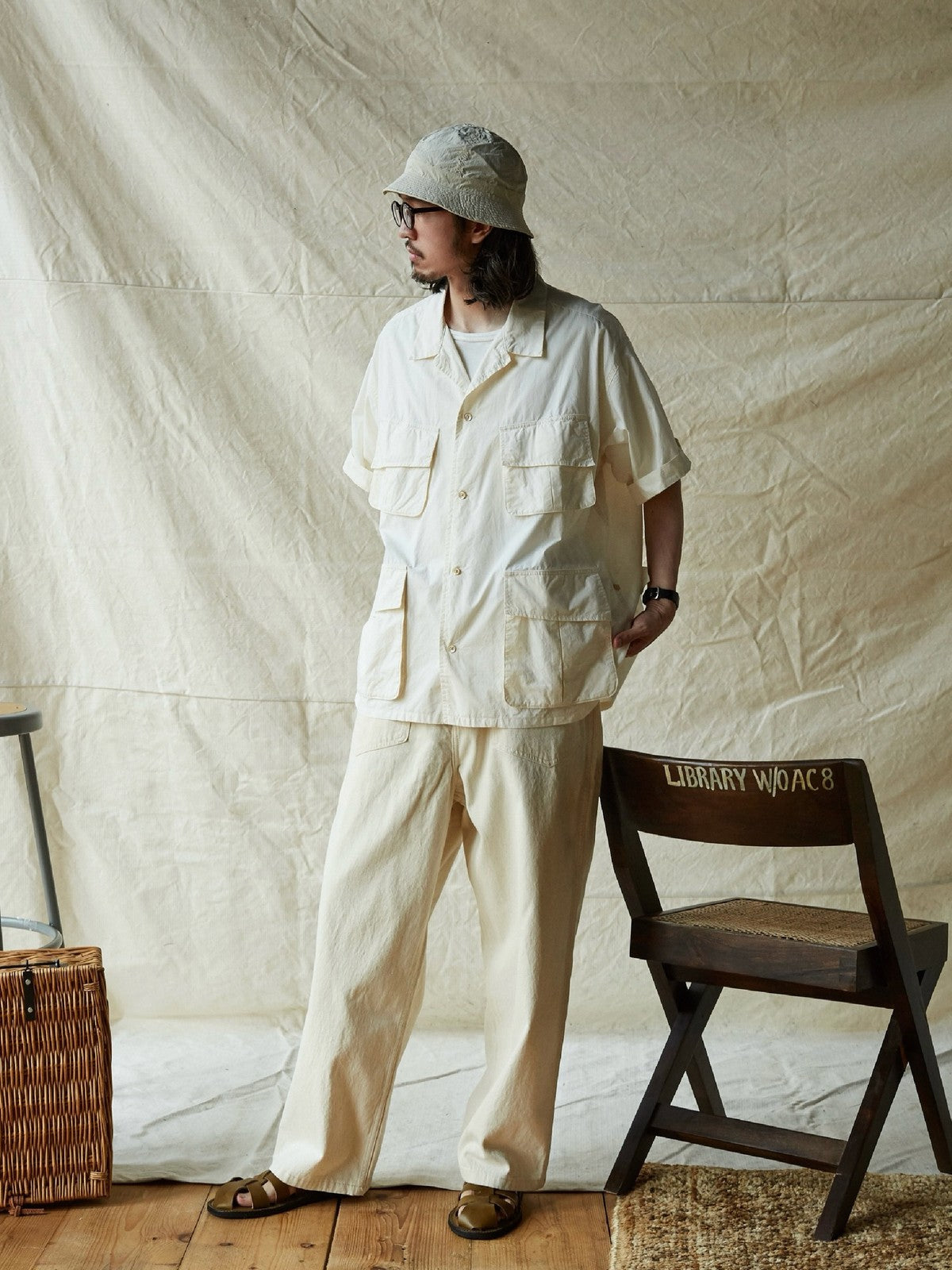 USAGE Vintage Neppy Cotton Straight Leg Jeans in Cream - On Male Model
