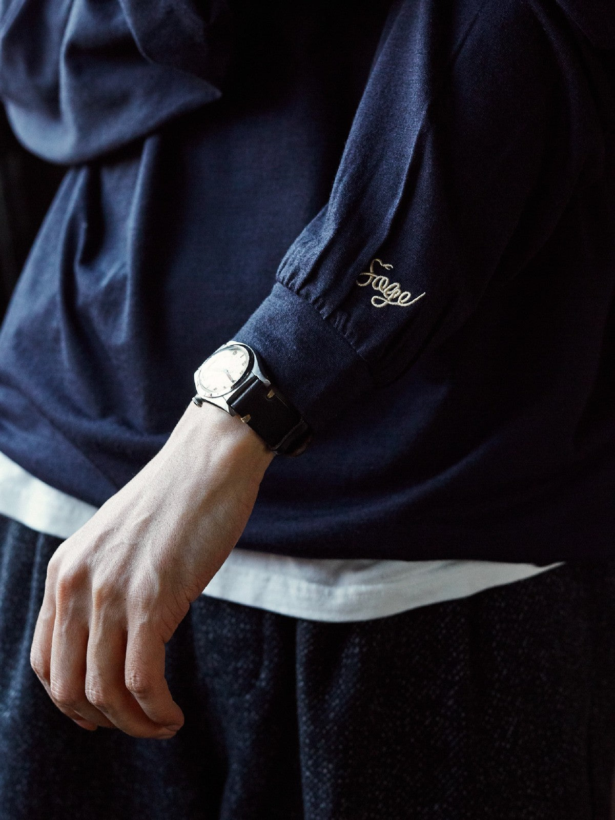USAGE Merino Wool Blend T Shirt Set in Navy Blue - On Model