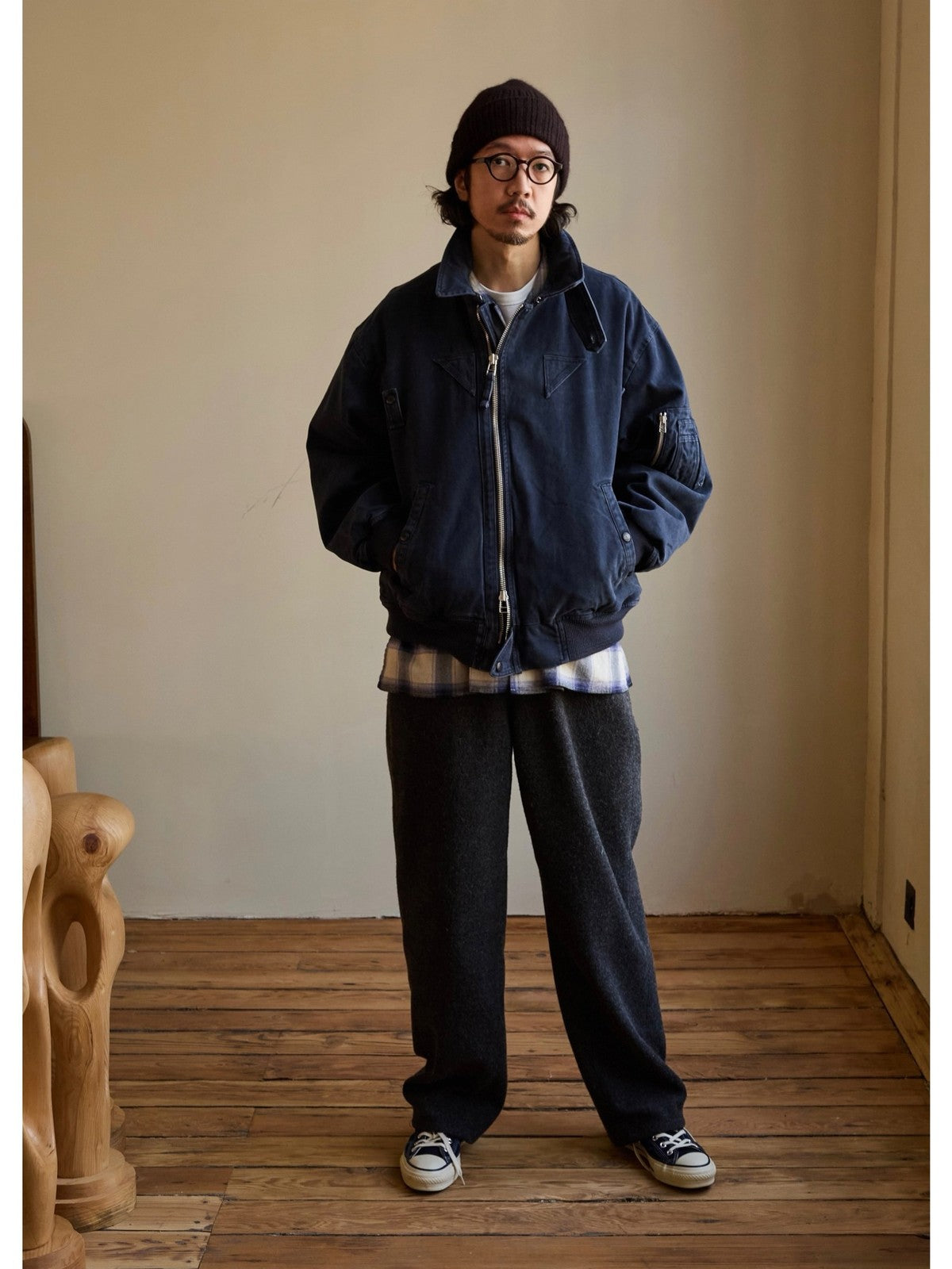 USAGE Washed Cotton Lyocell B 15 Bomber in Navy - On Male Model