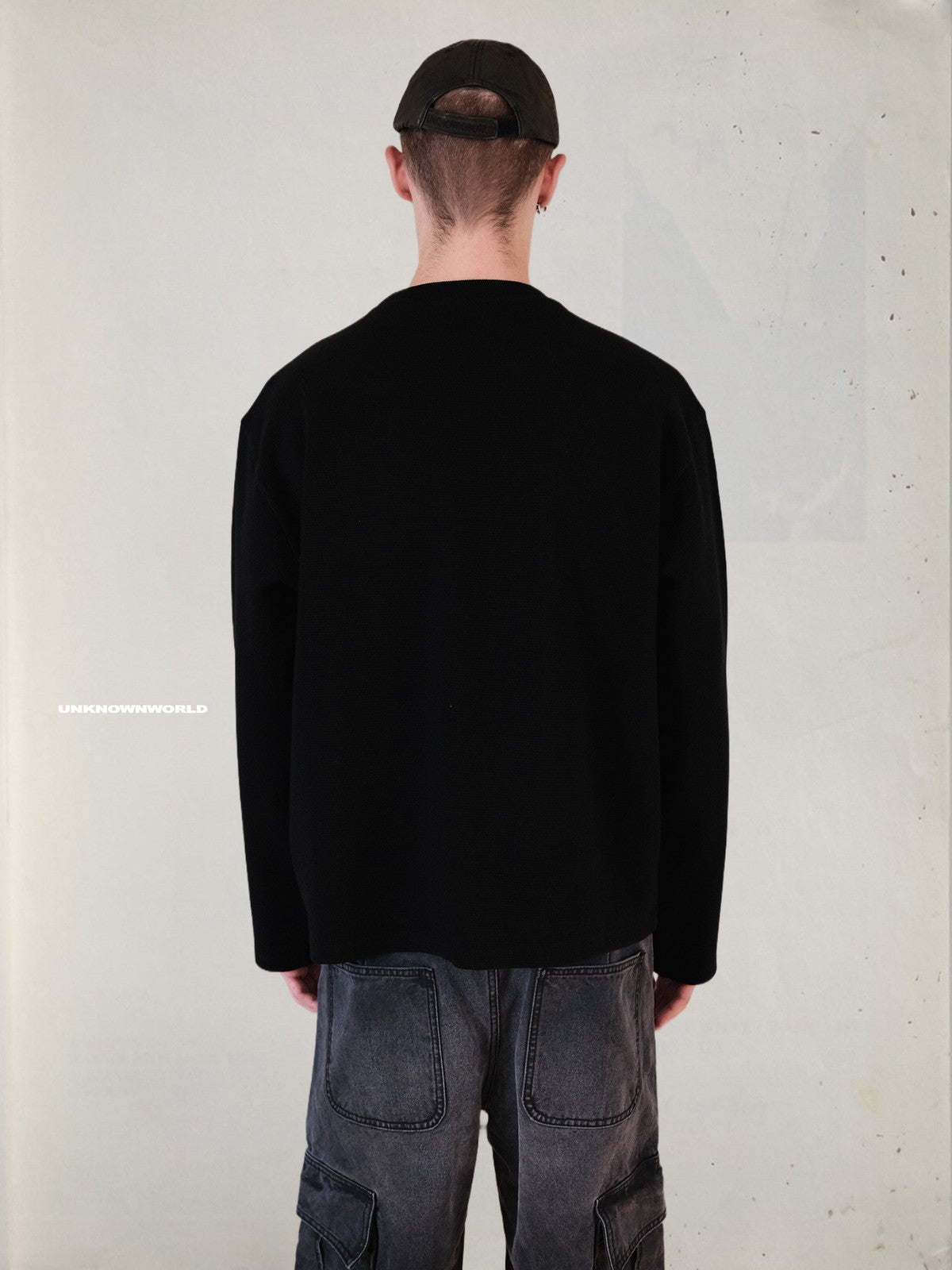 UNKNOWNWORLD Ghost World Graphic Waffle Knit Sweatshirt in Black - On Model