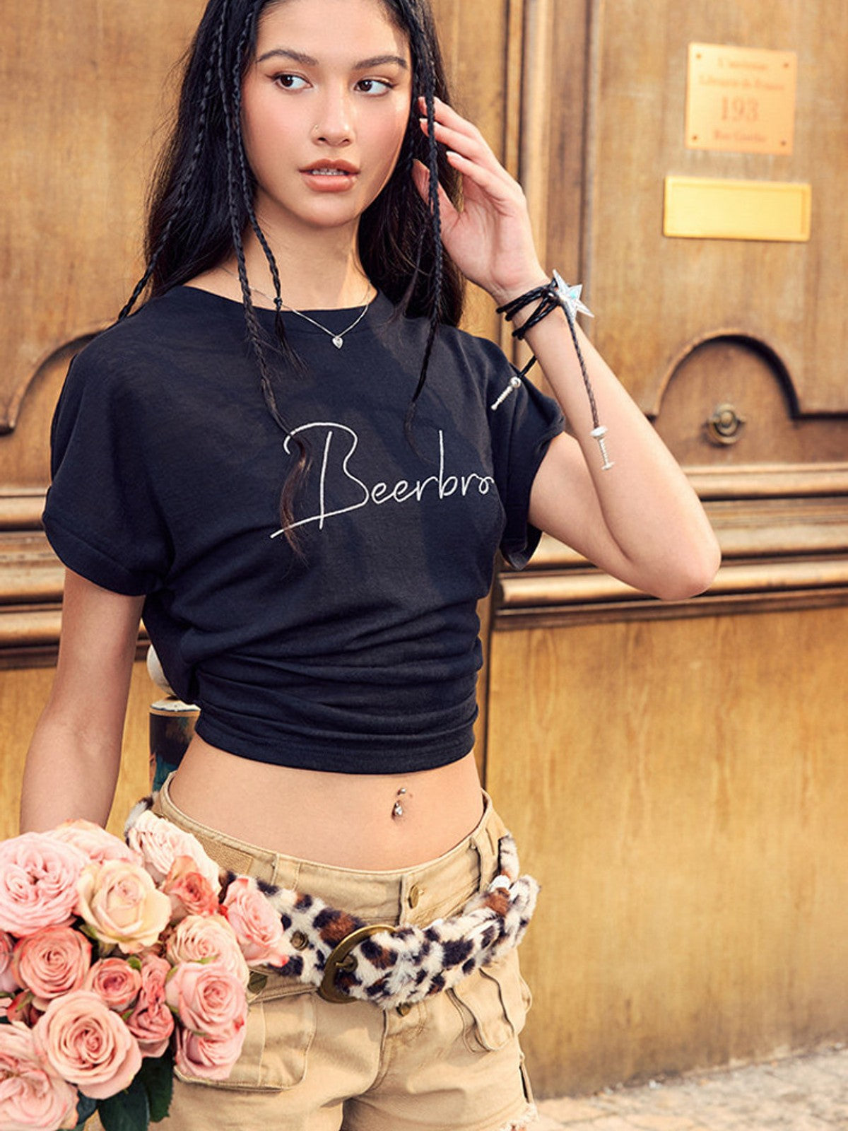 BEERBRO Embroidered Tencel Cinched Tee in Black - On Female Model