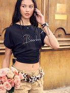 BEERBRO Embroidered Tencel Cinched Tee in Black - On Female Model
