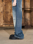 BLINDNOPLAN Distressed Dark Wash Straight Jeans in Blue - On Model