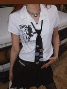 BeerBro Preppy Graphic Badge Necktie in Navy Blue - On Female Model