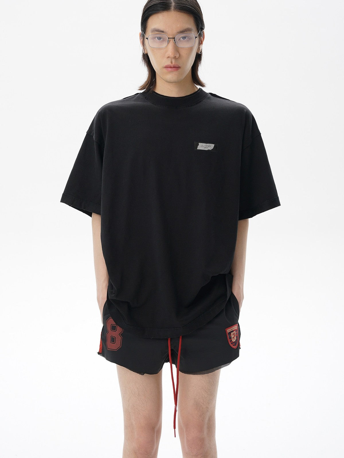 MASONPRINCE Exposed Seam Tape Print T Shirt in Black - On Male Model