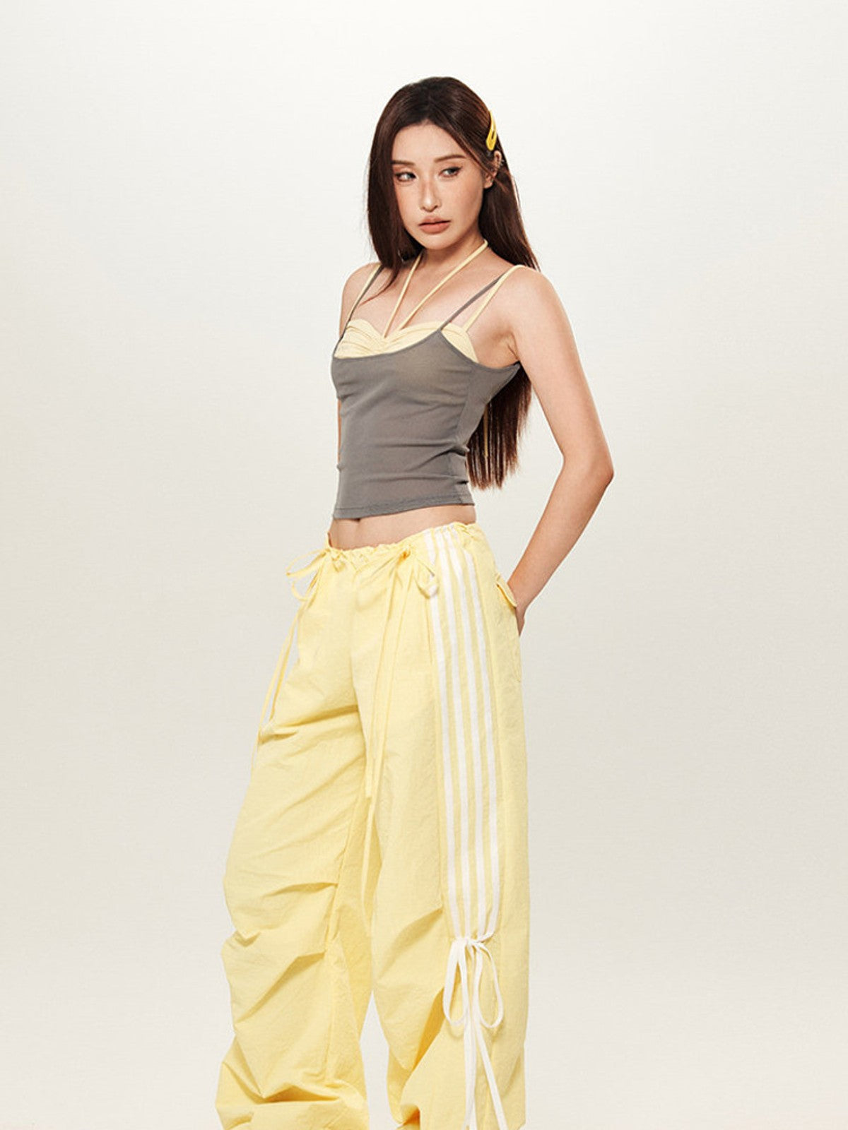 BEERBRO Drawstring Wide Leg Parachute Pants in Yellow - On Female Model